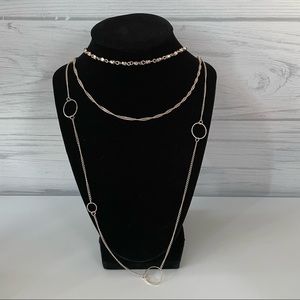 Gold Tone Triple Strand Circle and Bar station Necklace.